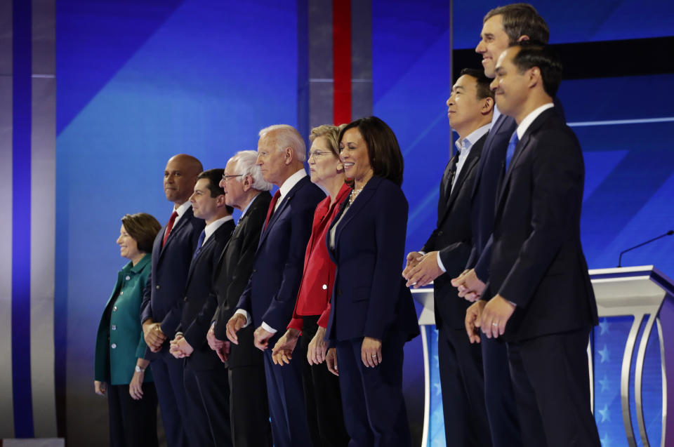 From left, Democratic presidential candidates Sen. Amy Klobuchar, D-Minn., Sen. Cory Booker, D-N.J., South Bend Mayor Pete Buttigieg, Sen. Bernie Sanders, I-Vt., former Vice President Joe Biden, Sen. Elizabeth Warren, D-Mass., Sen. Kamala Harris, D-Calif., entrepreneur Andrew Yang, former Texas Rep. Beto O'Rourke and former Housing Secretary Julian Castro are introduced for the Democratic presidential primary debate hosted by ABC on the campus of Texas Southern University Thursday, Sept. 12, 2019, in Houston. (AP Photo/Eric Gay)