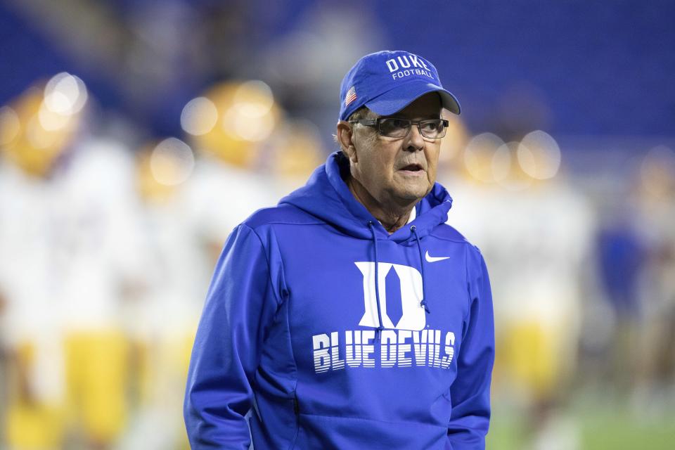 Duke coach David Cutcliffe walks on the field before the team's NCAA college football game against Pittsburgh in Durham, N.C., Saturday, Oct. 5, 2019. (AP Photo/Ben McKeown)