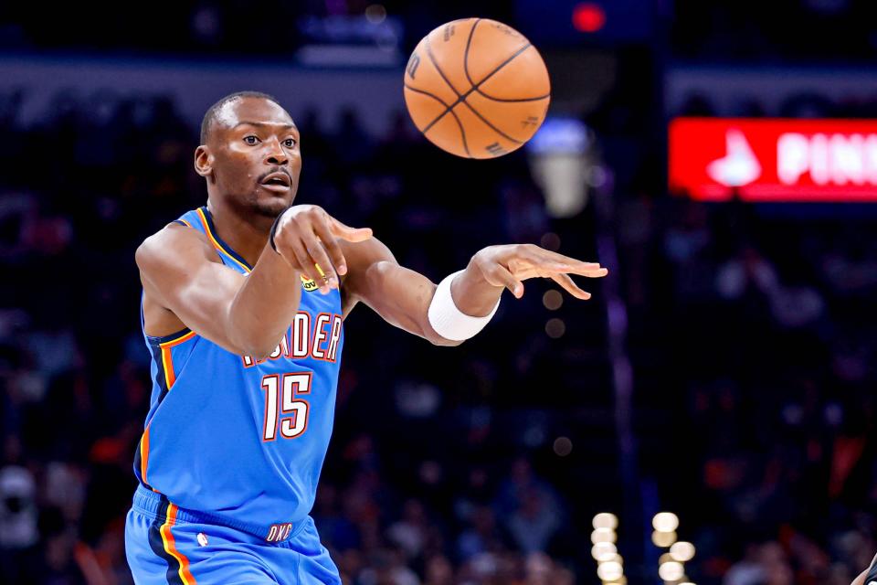 Oklahoma City center Bismack Biyombo (15) passes the ball in the fourth quarter during an NBA game between The Oklahoma City Thunder and The San Antonio Spurs at the Paycom Center in Oklahoma City, on Wednesday, April 10, 2024.