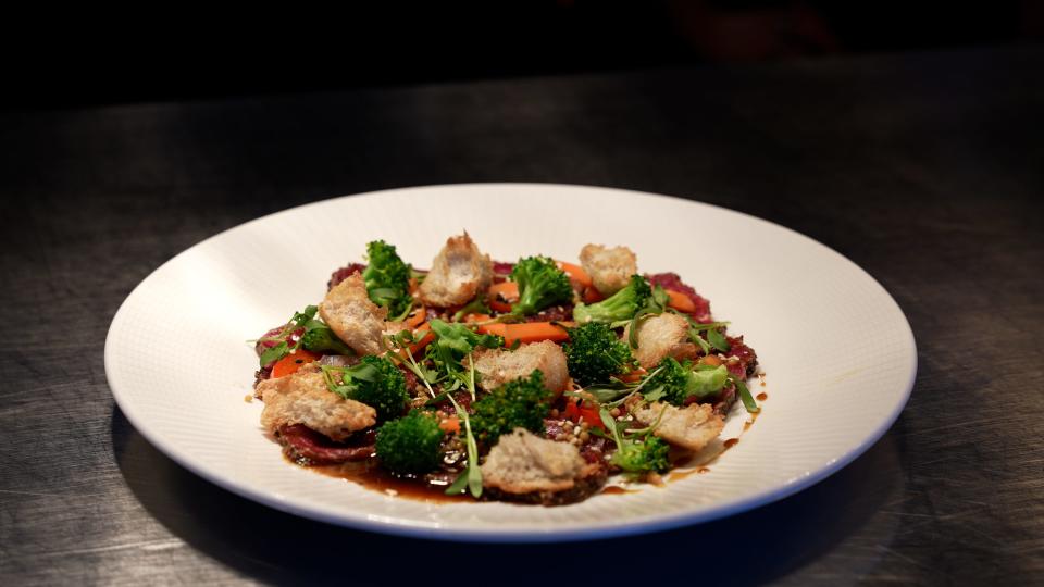 Peppered Beef Carpaccio with Four Roses Bourbon Teriyaki Sauce from Chef Abbi Merriss at Swizzle at The Galt House Hotel in downtown Louisville.