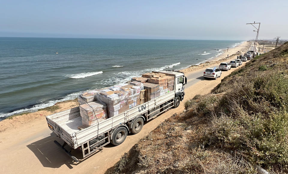 United Nations and World Health Organization aid trucks wait for Israel's permission before entering Gaza on April 23, 2024. (Anas Zeyad Fteha / Anadolu via Getty Images)