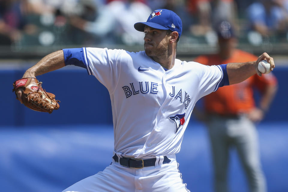 Toronto Blue Jays starting pitcher Steven Matz throws during the first inning of the team's baseball game against the Houston Astros in Buffalo, N.Y., Sunday, June 6, 2021. (AP Photo/Joshua Bessex)