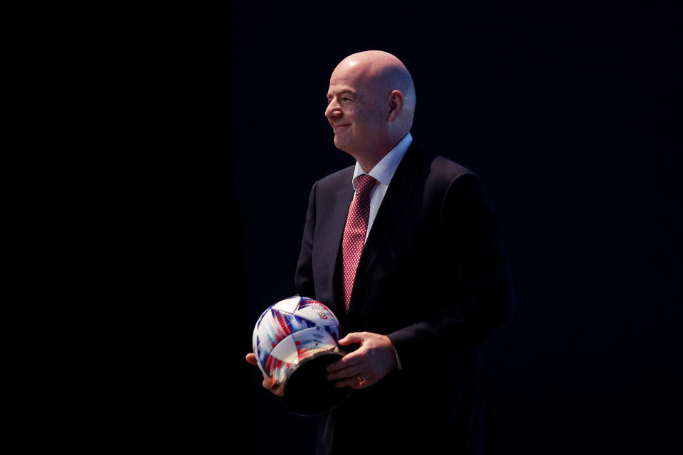 LISBON, PORTUGAL - APRIL 05: FIFA President Gianni Infantino smiles with their football during the 47th UEFA Ordinary Congress meeting on April 05, 2023 in Lisbon, Portugal. (Photo by Carlos Rodrigues - UEFA/UEFA via Getty Images)