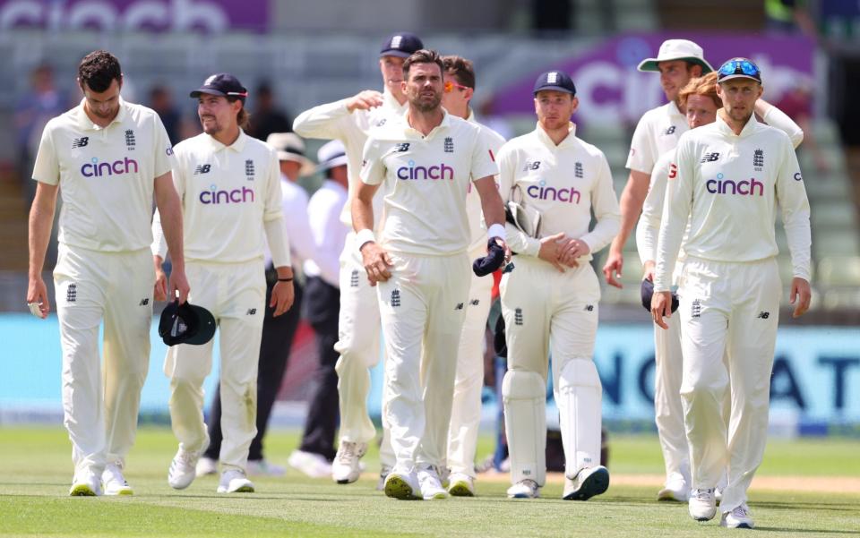 Players of England led by Joe Root make their way off following Day Four of the Second Test LV= Insurance Test Series match between England and New Zealand at Edgbaston on June 13 - GETTY IMAGES