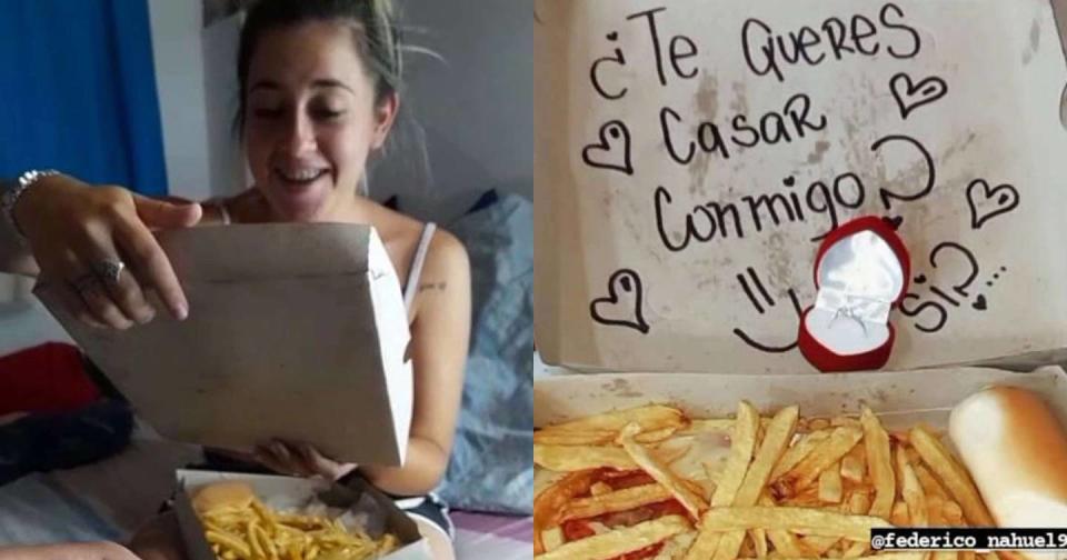 Joven le pidió matrimonio a su novia con una caja de milanesa y papás / Foto: Captura de video Instagram vía @lourdes_dahi.ok