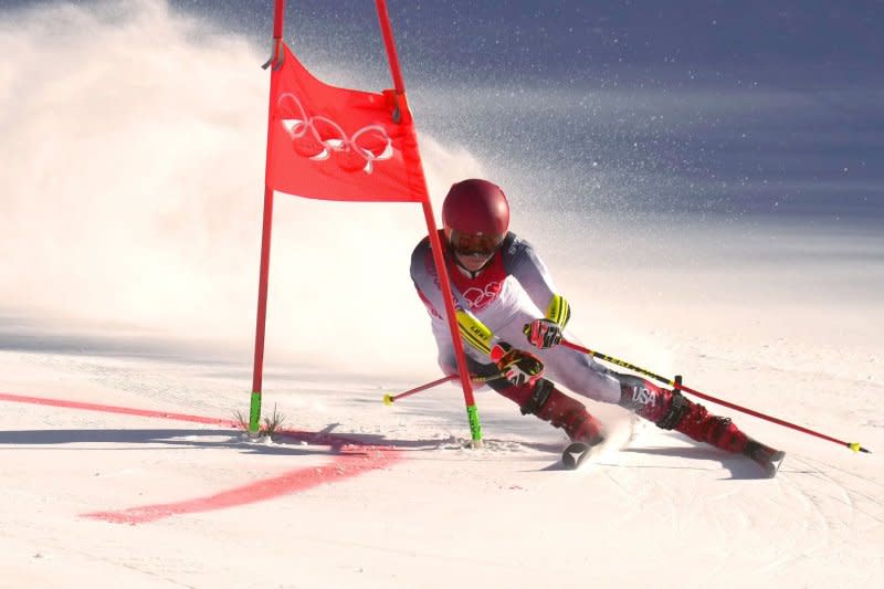 Mikaela Shiffrin lost control and fell on her left side during a downhill race Friday in Cortina d'Ampezzo, Italy. File Photo by Rick T. Wilking/UPI