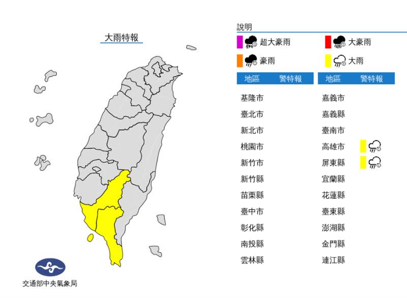 今日高雄及屏東地區有局部大雨發生的機率。（圖／中央氣象局）