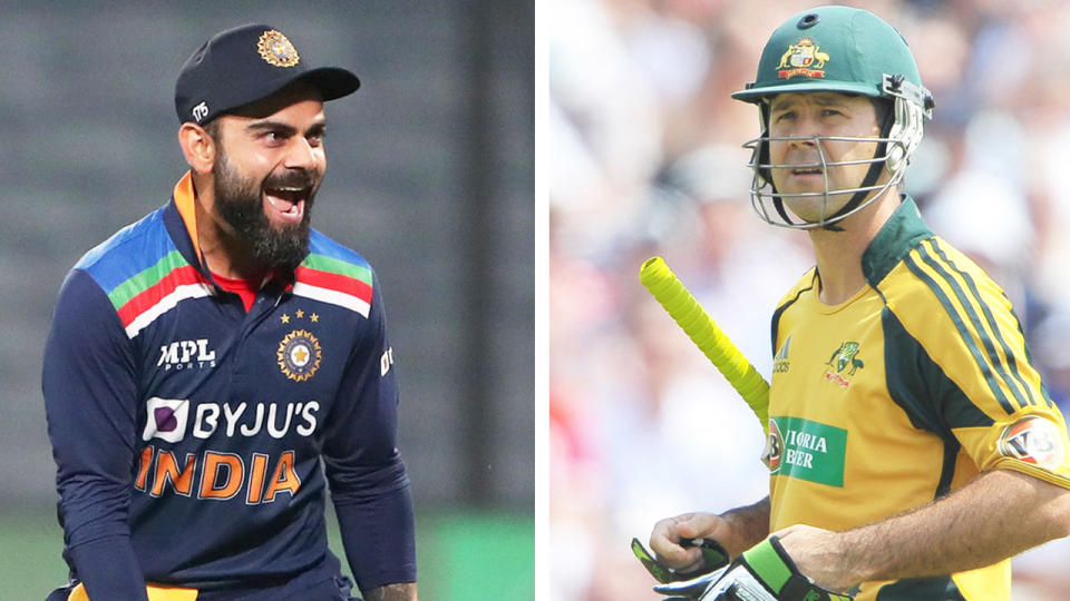 Virat Kohli (pictured left) celebrating a wicket and Ricky Ponting (pictured right) walking after getting out.