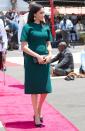 <p>On her final day in Fiji, the Duchess wore a<a href="https://www.townandcountrymag.com/style/fashion-trends/a24175133/meghan-markle-green-jason-wu-dress-final-day-fiji/" rel="nofollow noopener" target="_blank" data-ylk="slk:green mid-length dress;elm:context_link;itc:0;sec:content-canvas" class="link "> green mid-length dress</a> by Jason Wu, gold drop earrings, and black pumps to the unveiling of the Labalaba Statue. </p>