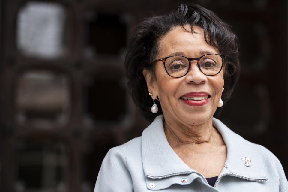 JoAnne Epps, a former Temple law school dean and provost, poses for a portrait on the Temple University campus in Philadelphia, April 11, 2023. Epps, acting president of Temple University, has died after collapsing at a memorial service Tuesday afternoon, Sept. 19, the university said. (Monica Herndon/The Philadelphia Inquirer via AP)