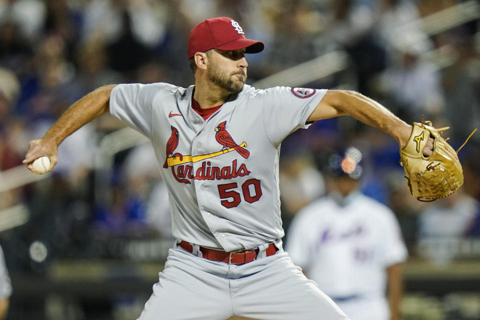 St. Louis Cardinals' Adam Wainwright delivers a pitch during the first inning of a baseball game against the New York Mets, Monday, Sept. 13, 2021, in New York. (AP Photo/Frank Franklin II)