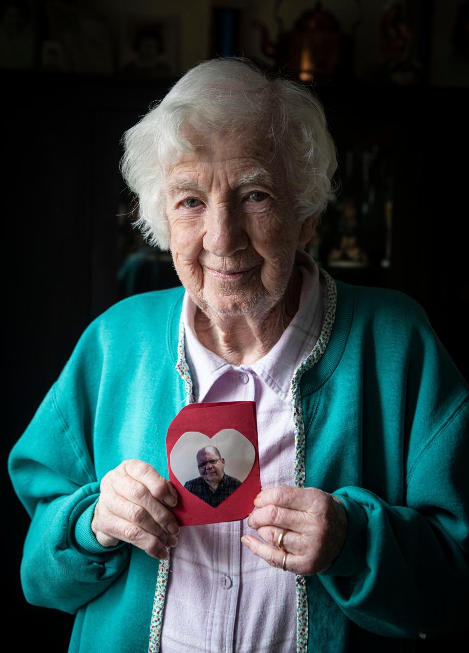 Ann Nehrbauer, 95, holds a photo of her son Stephen at her home in Hastings-on-Hudson April 4, 2024. Stephen, who was developmentally disabled and died at the age of 67 in 2023, was a resident of the Willowbrook State School in the 1970Õs. Ann was among those who brought a civil rights lawsuit against the institution. The lawsuit called attention to the poor living conditions at Willowbrook. She is being honored by Arc Westchester Foundation with their Lifetime Advocate Award.