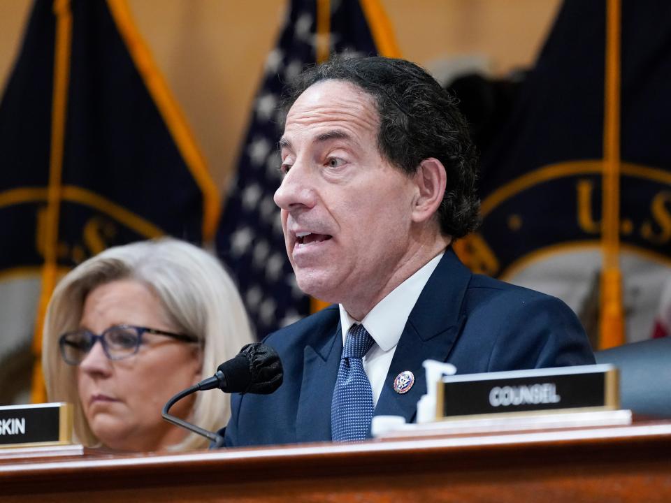 Vice Chair Liz Cheney, R-Wyo., left, listens as Rep. Jamie Raskin, D-Md., speaks as the House select committee investigating the Jan. 6 attack on the U.S. Capitol holds a hearing at the Capitol in Washington, Tuesday, July 12, 2022.