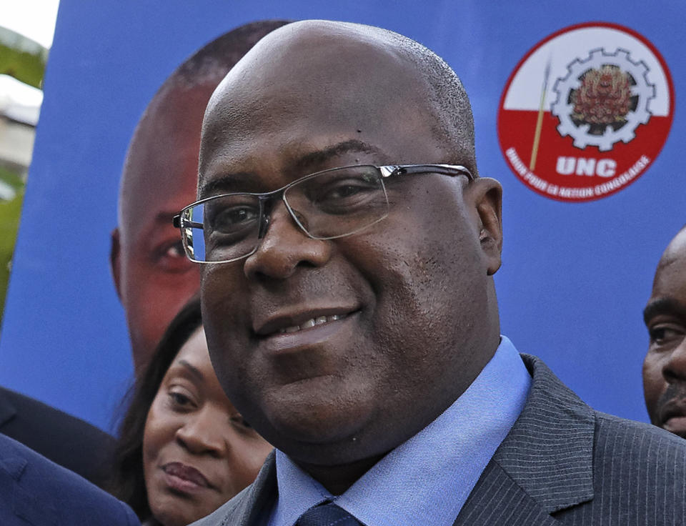 FILE - This Nov. 23, 2018, file photo shows Felix Tshisekedi of Congo's Union for Democracy and Social Progress opposition party, at a press conference in Nairobi, Kenya. Congo opposition leader Tshisekedi has won the long-delayed presidential election, the electoral commission announced early Thursday, Jan. 10, 2019, to the surprise of many, as the vast country braced for possible protests over alleged rigging. (AP Photo/Ben Curtis, File)