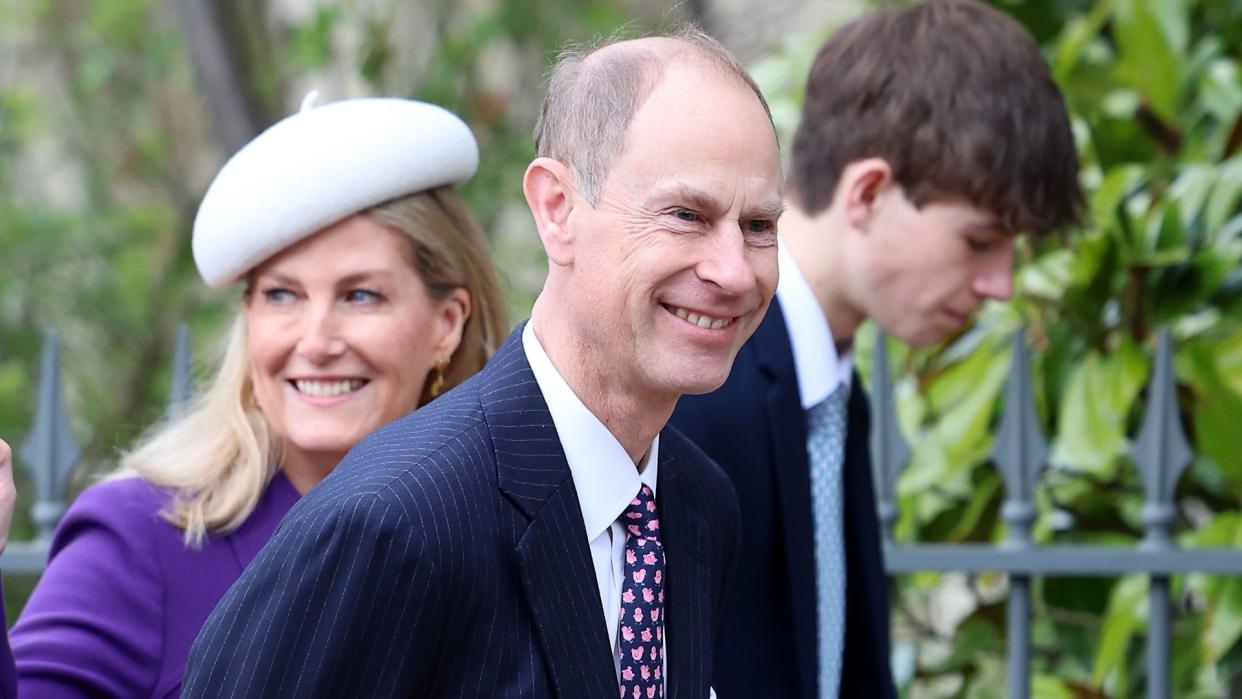 The Duke and Duchess of Edinburgh walking with their son James, Earl of Wessex