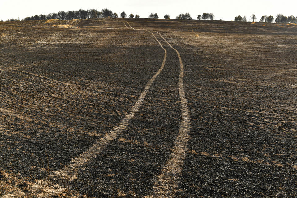 FILE, A view of the burned landscape after forest fires affected the area near to Miranda de Arga, northern Spain, Thursday, June 16, 2022. Spain is breathing a sigh of relief as a sharp drop in temperatures is helping firefighters contain wildfires across the country that destroyed tens of thousands of acres of wooded land. But it's still only June. Extended drought conditions in several Mediterranean countries, a heat wave last week that reached northern Germany and high fuel costs needed to operate firefighting aircraft have already heightened concerns across Europe this summer. (AP Photo/Alvaro Barrientos, File)