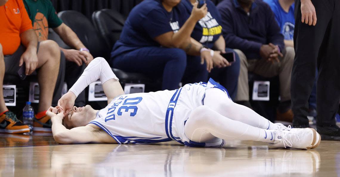 Duke’s Kyle Filipowski (30) lies on the floor after being injured during Duke’s game against Pitt in the quarterfinals of the ACC Men’s Basketball Tournament in Greensboro, N.C., Thursday, March 9, 2023.