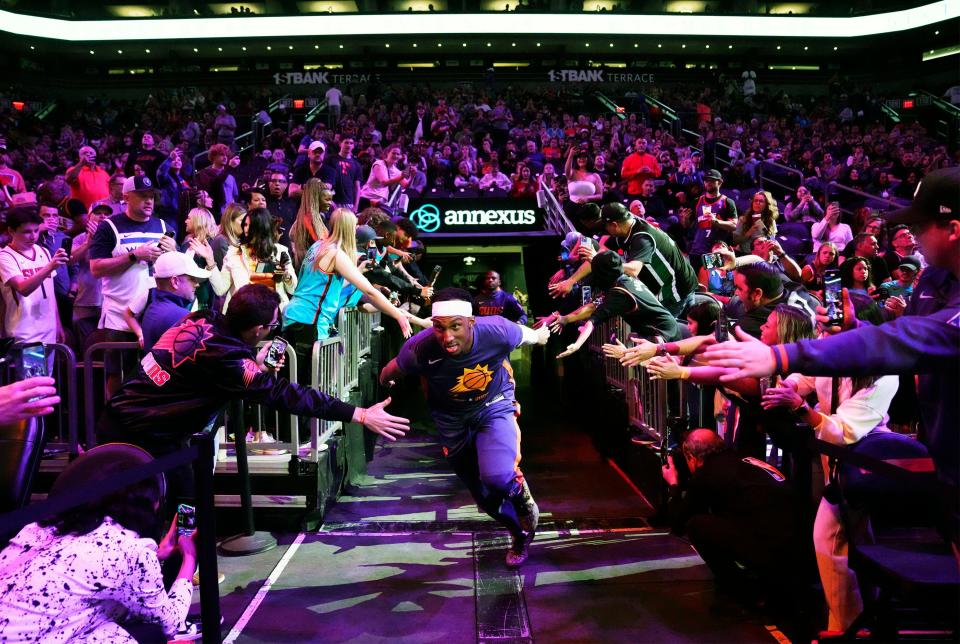 Phoenix Suns forward Josh Okogie (2) takes the court to play the Minnesota Timberwolves in the first half at Footprint Center in Phoenix on March 29, 2023.