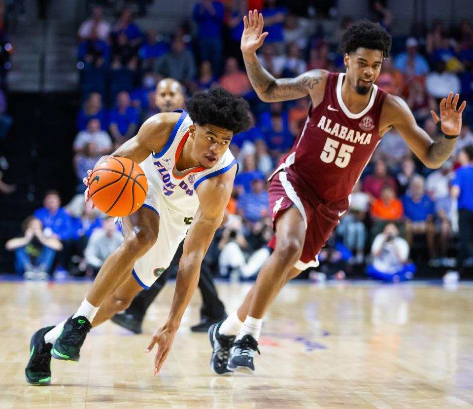 Florida Gators guard Zyon Pullin (0) drives to the basket during the second half. The Florida men’s basketball team hosted the Alabama Crimson Tied at Exactech Arena at the Stephen C. O’Connell Center in Gainesville, FL on Tuesday, March 5, 2024. [Doug Engle/Ocala Star Banner]