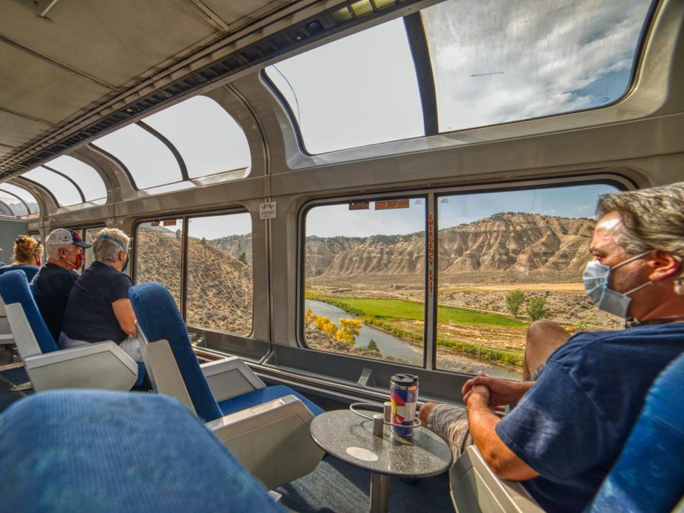 Inside a observation car on an Amtrak long distance train