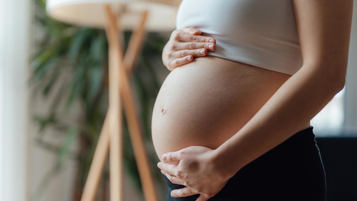 Midsection of Pregnant Woman Holding Her Belly