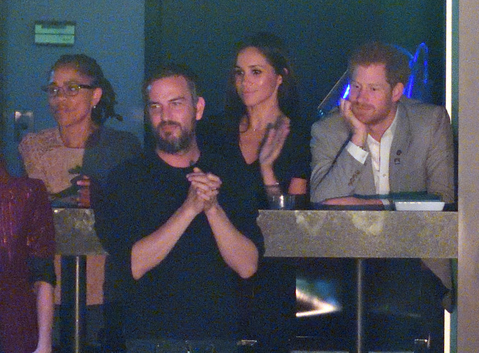 TORONTO, ON - SEPTEMBER 30:  (L-R) Doria Radlan, Markus Anderson, Meghan Markle and Prince Harry and are seen at the Closing Ceremony on day 8 of the Invictus Games Toronto 2017 at the Air Canada Centre on September 30, 2017 in Toronto, Canada.  The Games use the power of sport to inspire recovery, support rehabilitation and generate a wider understanding and respect for the Armed Forces.  (Photo by Karwai Tang/WireImage)