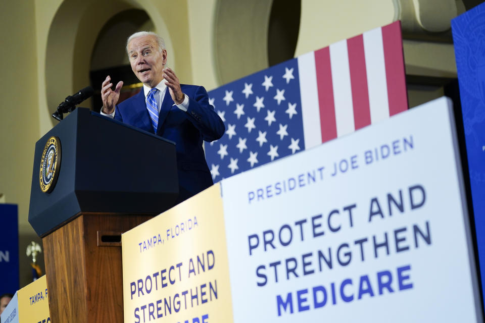 FILE - President Joe Biden speaks about his administration's plans to protect Social Security and Medicare and lower healthcare costs, Feb. 9, 2023, at the University of Tampa in Tampa, Fla. Biden is set to announce that his administration is expanding eligibility for Medicare and the Affordable Care Act’s exchanges to hundreds of thousands of immigrants brought to the U.S. illegally as children. That's according to two people familiar with the matter who discussed it on condition of anonymity before an announcement on Thursday, April 13, 2023. AP Photo/Patrick Semansky, File)