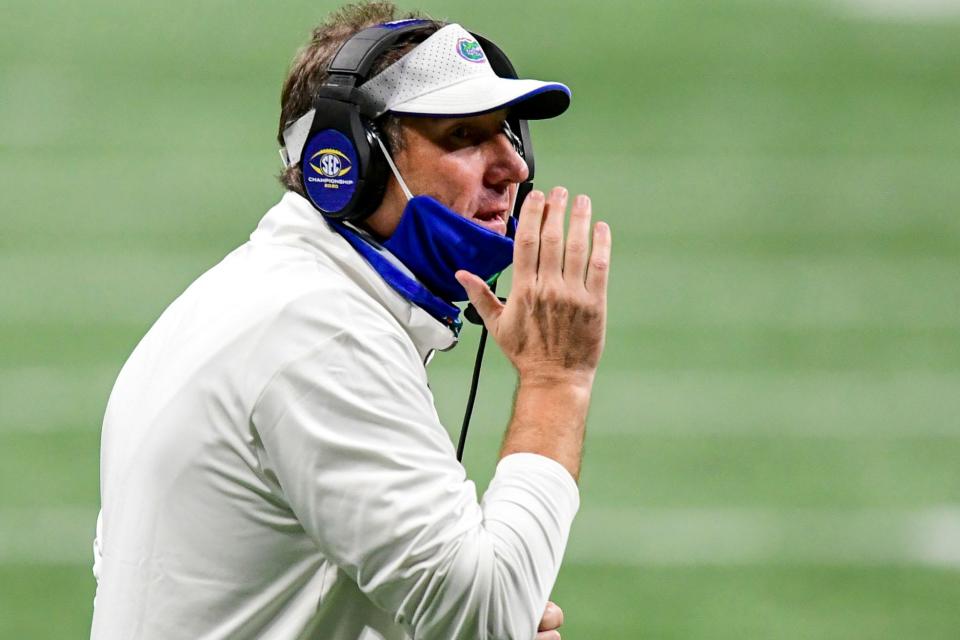 Dec 19, 2020; Atlanta, Georgia, USA; Florida Gators head coach Dan Mullen against the Alabama Crimson Tide at Mercedes-Benz Stadium.