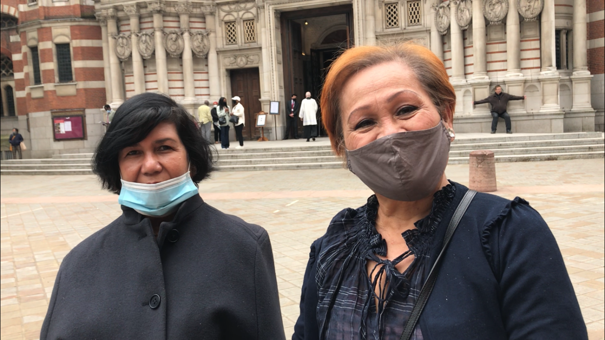 Retired real estate broker from Fulham, Norilyn King, 64 (left) and retired hospital carer, Herminia Supan, 73 (right) (Laura Parnaby/PA).