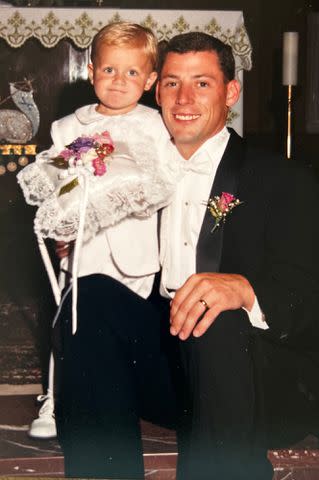 <p>Courtesy of the Gaede family</p> Scott Gaede at his first wedding to Julie with their then-ring bearer, Cam, who served as the officiant for the couple's second wedding