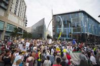 <p>Protestors gather outside Cardiff Library on the Hayes in Cardiff to protest against a visit by President Donald Trump on July 12, 2018 in Cardiff, Britain. (Photo: Matthew Horwood/Getty Images) </p>
