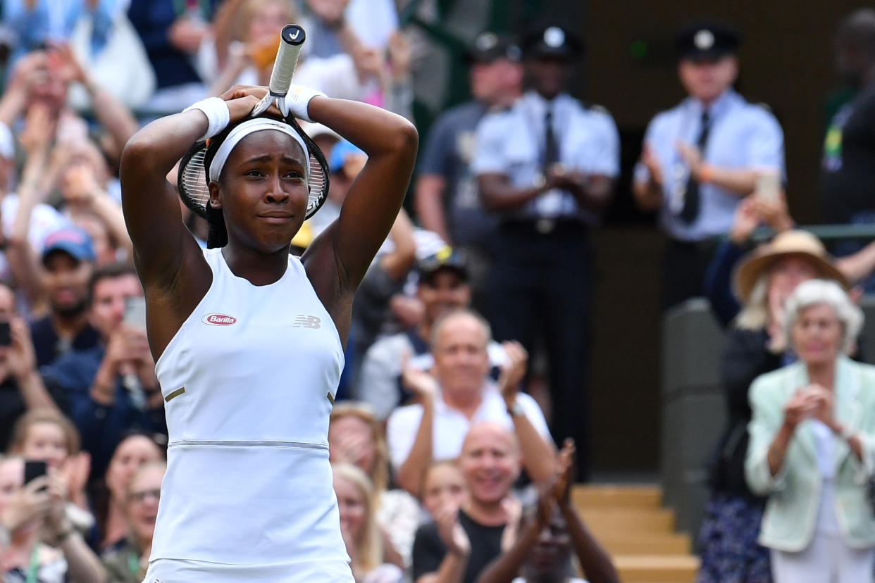 Cori Gauff became the youngest woman to win in the first round of Wimbledon since 1991 when she beat Venus Williams on Monday. (Photo by BEN STANSALL/AFP/Getty Images)