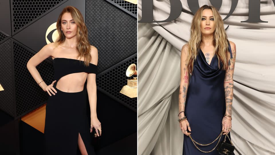 Paris Jackson was a blank canvas on the red carpet after her makeup artists spent two hours camouflaging her 80 tattoos, shown on the right. - Getty Images