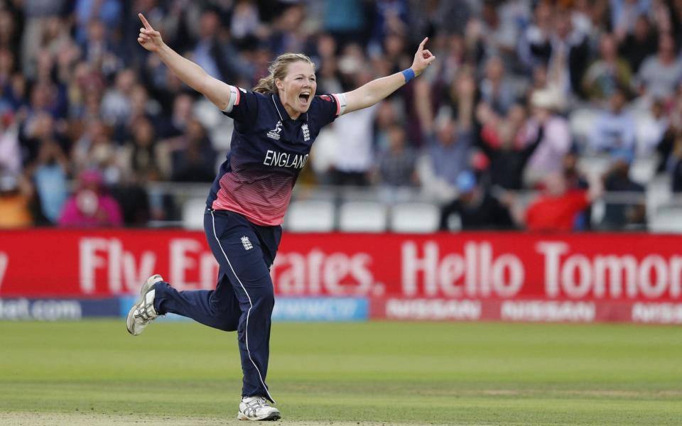 England's Anya Shrubsole celebrates taking the wicket of India's Jhulan Goswami  - Credit: AFP/Getty