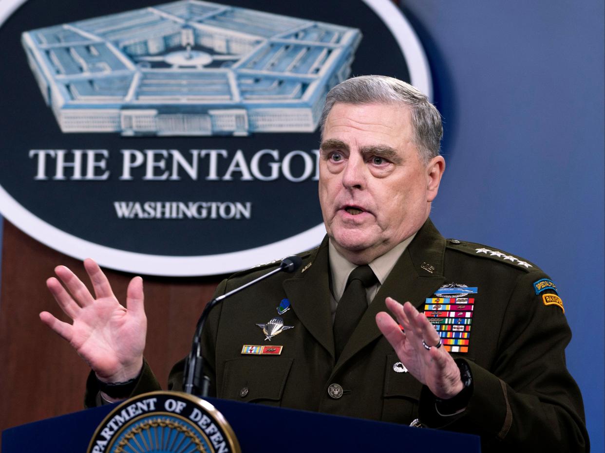 En esta foto de archivo del 21 de julio de 2021, el presidente del Estado Mayor Conjunto, el general Mark Milley, habla en una conferencia de prensa en el Pentágono en Washington. (AP)