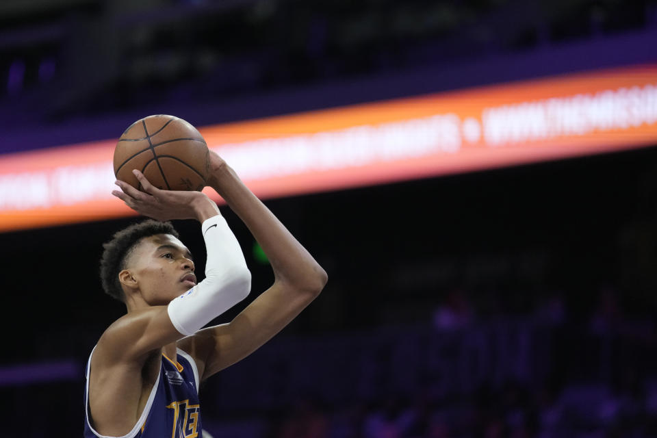 Boulogne-Levallois Metropolitans 92's Victor Wembanyama plays against the NBA G League Ignite in an exhibition basketball game Tuesday, Oct. 4, 2022, in Henderson, Nev. (AP Photo/John Locher)