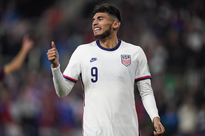 FILE - United States' Ricardo Pepi gestures after a play during the first half of a FIFA World Cup qualifying soccer match between Mexico and the United States, Friday, Nov. 12, 2021, in Cincinnati. The U.S. won 2-0. (AP Photo/Julio Cortez, File)