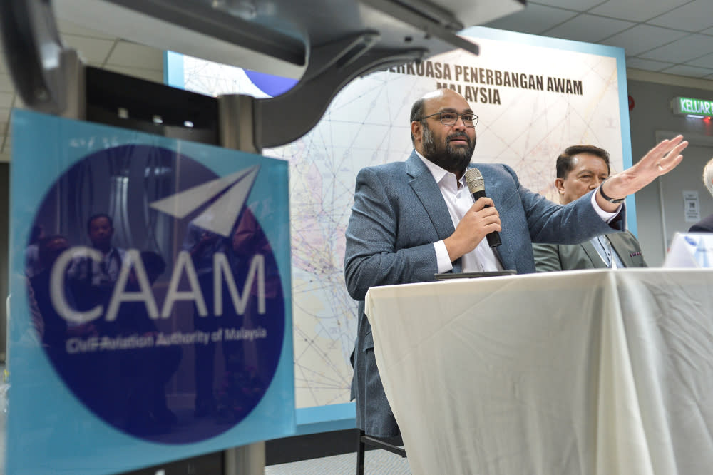 Civil aviation authority of Malaysia (CAAM) board of director member Afzal Abdul Rahim speaks during the CAAM press conference in Putrajaya, November 12, 2019. —Picture by Shafwan Zaidon