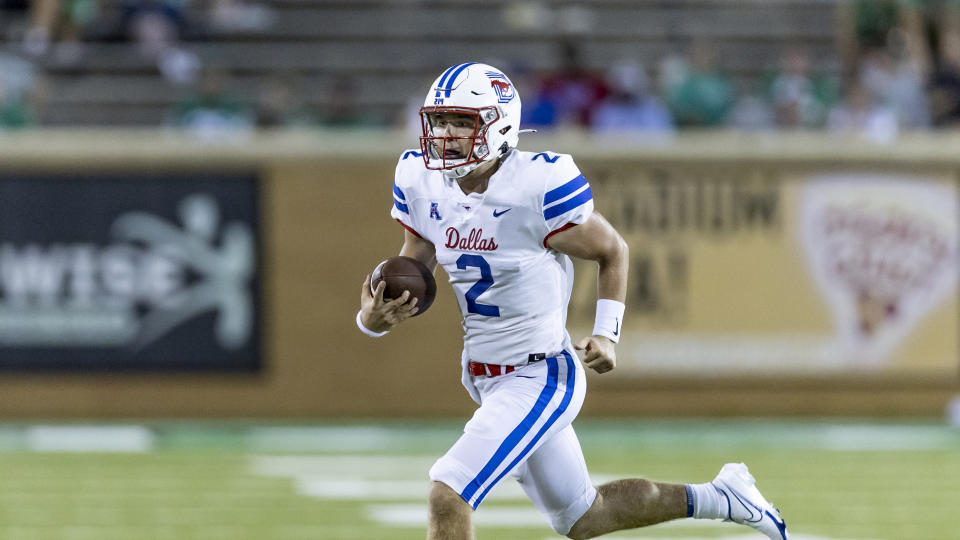 Southern Methodist quarterback Preston Stone (2) is seen during an NCAA football game against North Texas on Saturday, Sept. 3, 2022, in Denton, Texas. SMU won 48-10. (AP Photo/Brandon Wade)