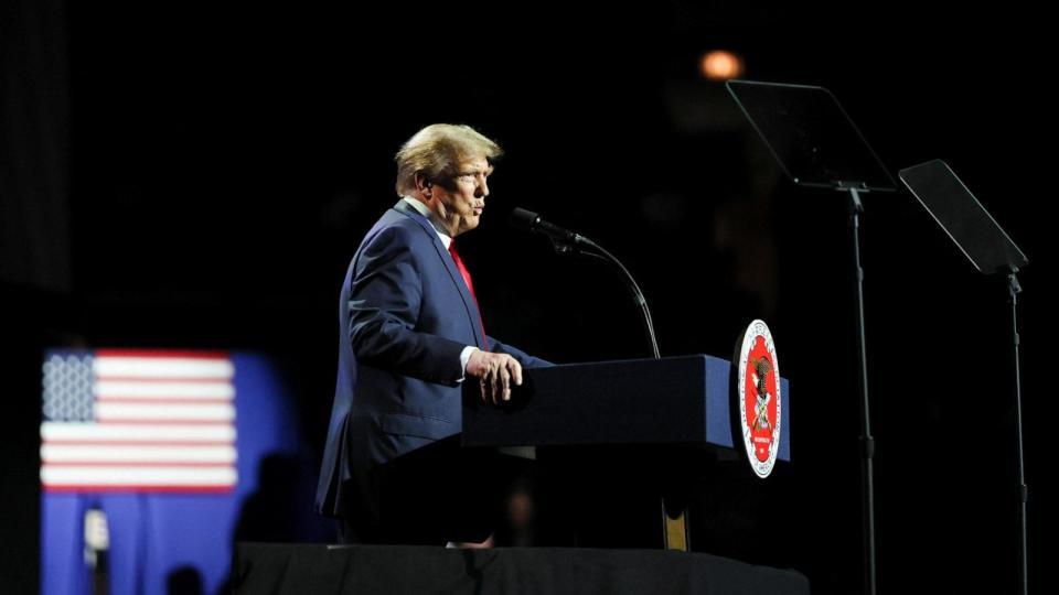 PHOTO: Former President and Republican presidential candidate Donald Trump delivers the keynote address at the National Rifle Association (NRA) Presidential Forum at the Pennsylvania Farm Show Complex & Expo Center, in Harrisburg, Pa., Feb. 9, 2024.  (Leah Millis/Reuters)