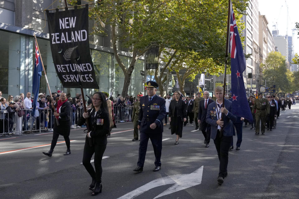 Members of the New Zealand Returned Service march in the Anzac Day parade in Sydney, Tuesday, April 25, 2023. (AP Photo/Rick Rycroft)