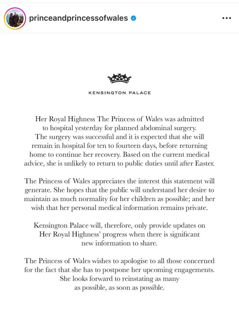 <strong>威廉王子夫婦的IG帳號發布聲明，說明凱特王妃目前狀況。（圖／翻攝自Instagram@princeandprincessofwales）</strong>