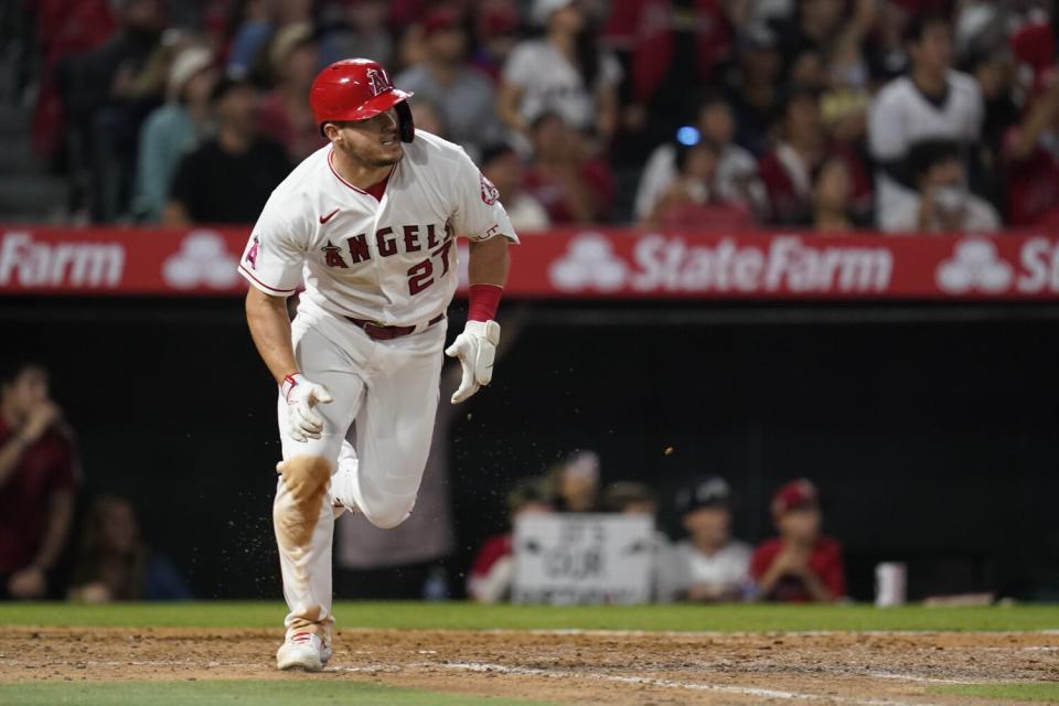 The Angels' Mike Trout runs out of the batter's box on a two-run double to center field during the fifth inning May 6, 2022.