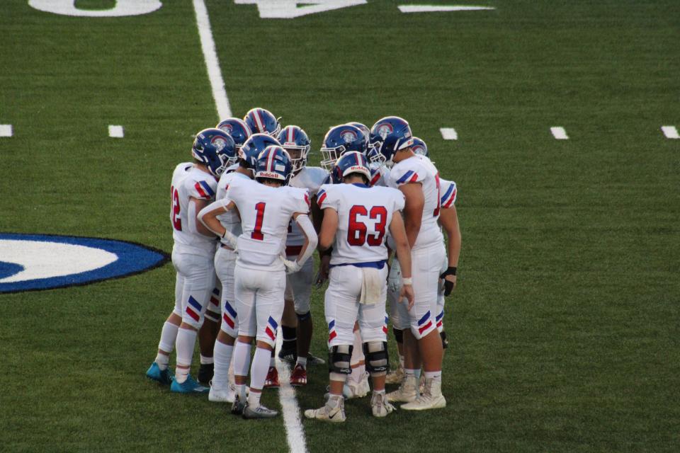 CAL's offense huddles on the field during a football game Friday, Sept. 9, 2022, against Lexington Christian in Lexington, Ky. The Centurions defeated the Eagles 49-14.