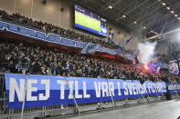 FILE - Djurgården's fans protest against VAR during the Allsvenskan football match between Djurgården and IK Sirius FK at Tele2 Arena in Stockholm, Sweden, April 11, 2023. Swedish soccer has adopted an isolationist stance in eschewing technology to retain a pure version of the beautiful game. Sweden is the only one of Europe’s top-30 ranked leagues yet to have rolled out VAR in its domestic competitions. (Jessica Gow/TT News Agency via AP, File)