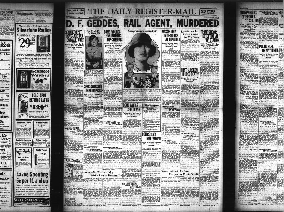 It was about 10:35 on a Thursday night, April 28, 1932, when Eddie Geddes was shot and killed with his own gun on the platform of the C.B. & Q. Railroad depot. A manhunt followed, and at 5:30 a.m. the next morning his killer was caught while he hitchhiked through Knox County. Pictured is the front page of The Daily Register-Mail from April 29, 1932