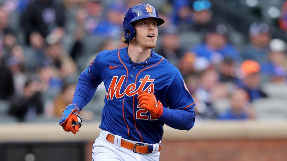 May 1, 2023; New York City, New York, USA; New York Mets third baseman Brett Baty (22) rounds the bases after hitting a solo home run against the Atlanta Braves during the sixth inning at Citi Field.
