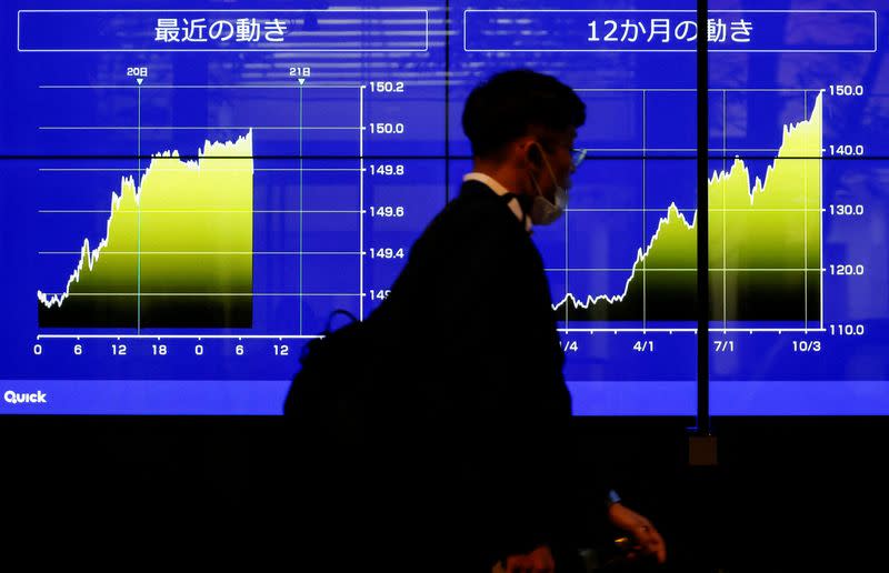 FILE PHOTO: A passerby walks past an electric monitor displaying the graph of recent movements on Japanese yen exchange rate against the U.S. dollar in Tokyo, Japan