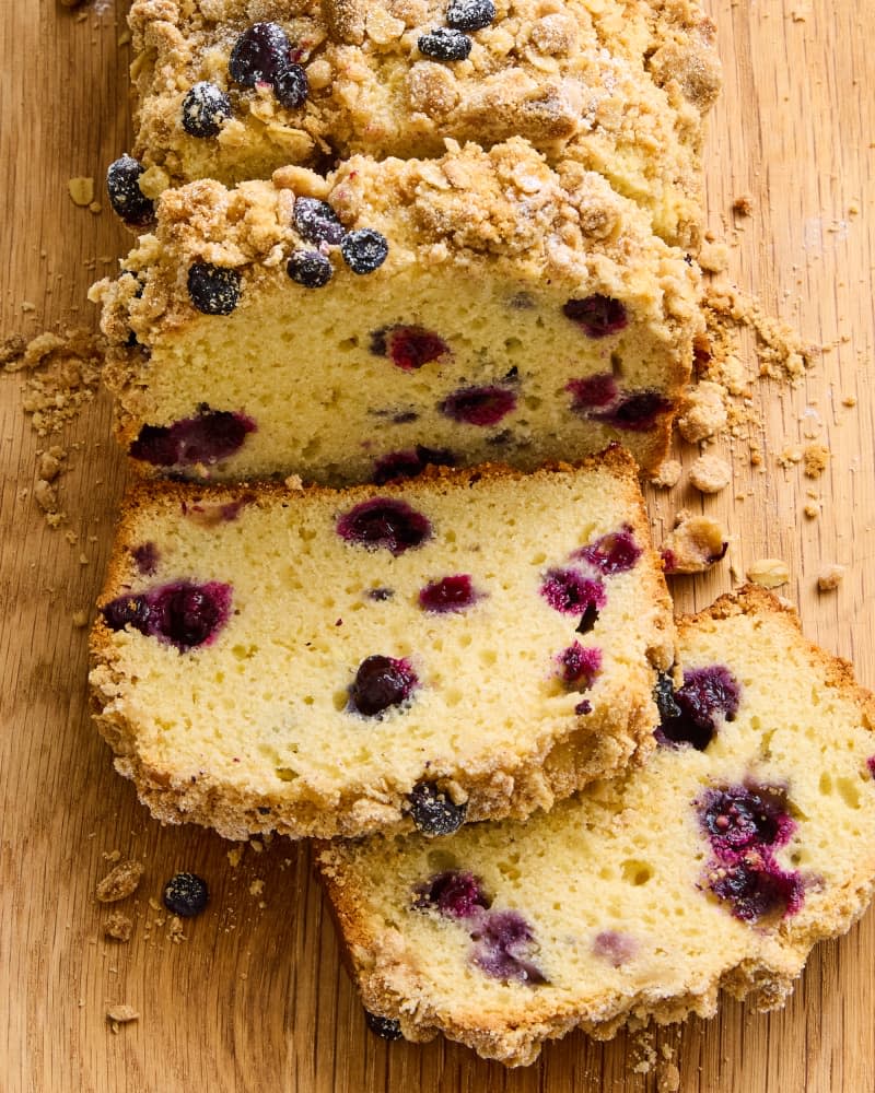 blueberry muffin bread sliced on cutting board