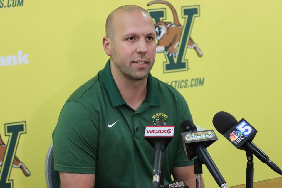 Steve Weidler, UVM's interim head men's hockey coach, talks to media in August of 2023.